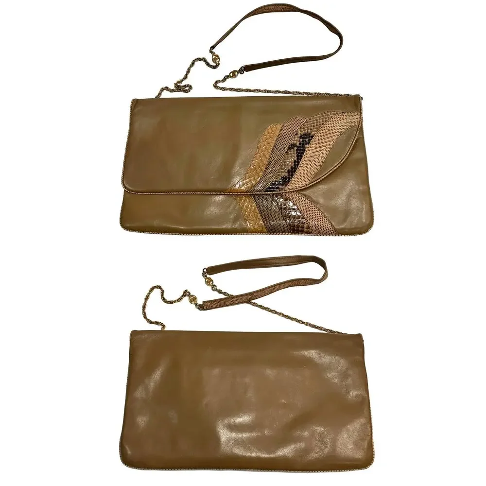 70s Carlo Fiori Italian Leather Snakeskin Lizard Chain Shoulder Bag